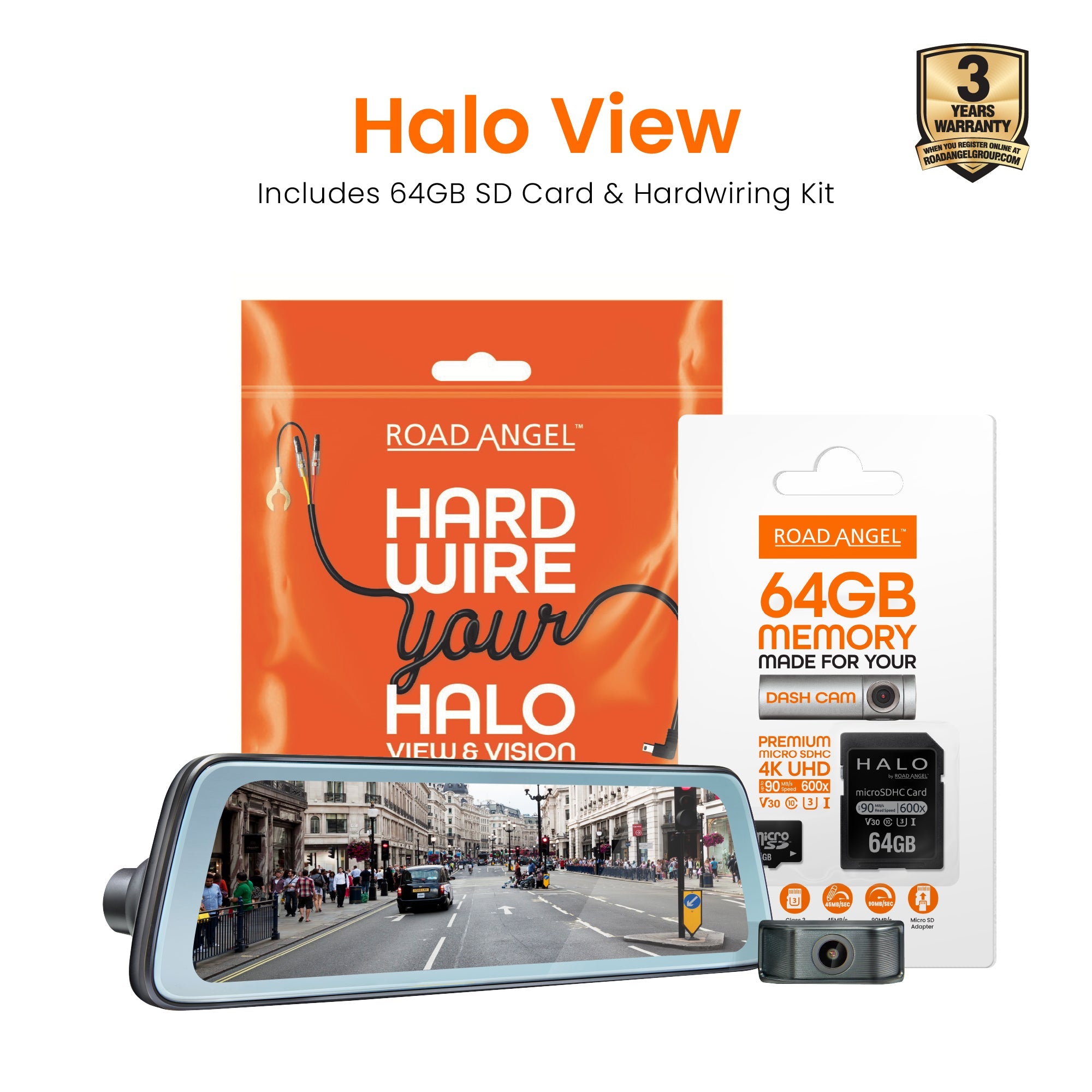 Halo View 2 Rear View Mirror Dash Cam SD Card & Hardwiring Kit Bundle