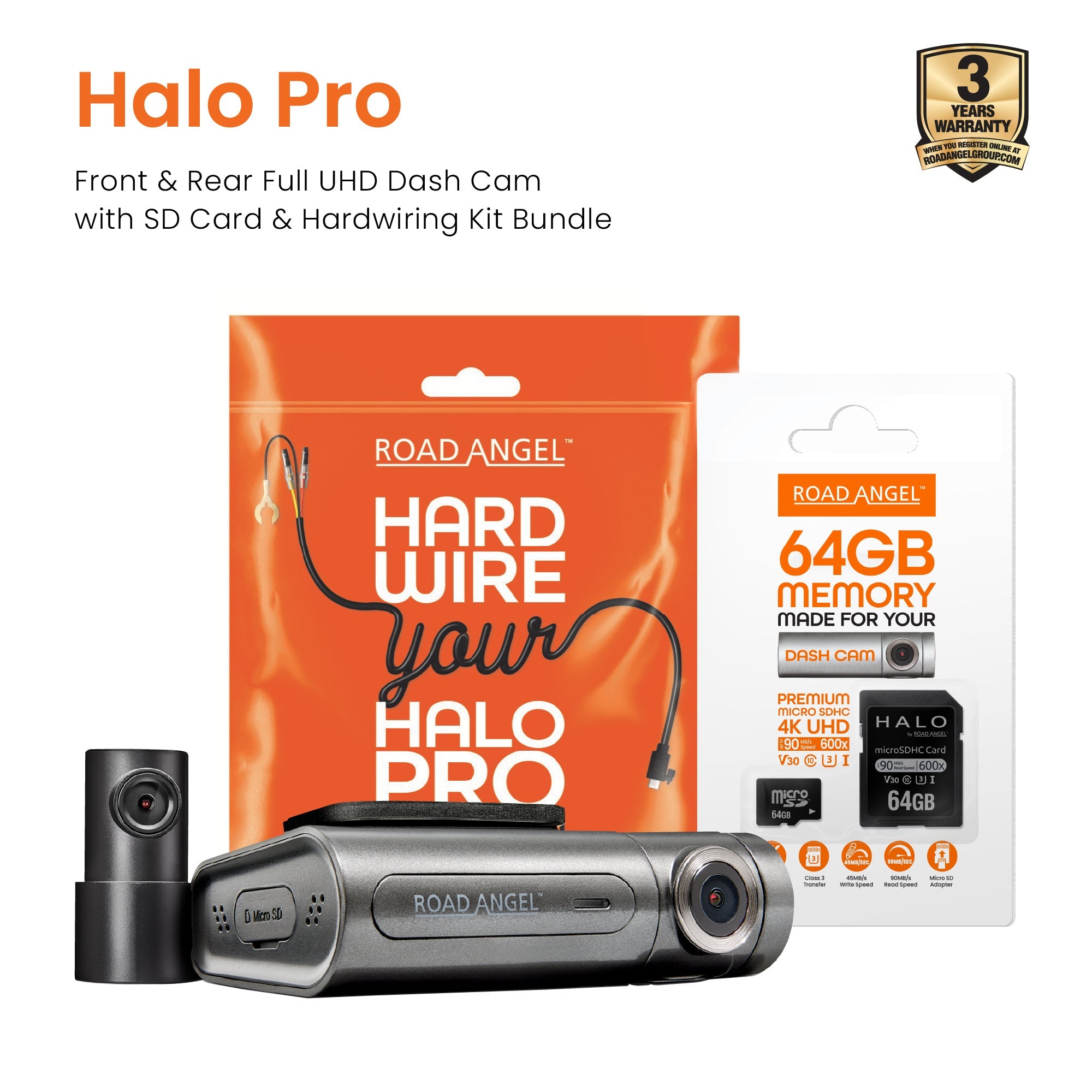 Halo Pro Front Rear Dash Cam SD Card & Hardwiring Kit Bundle