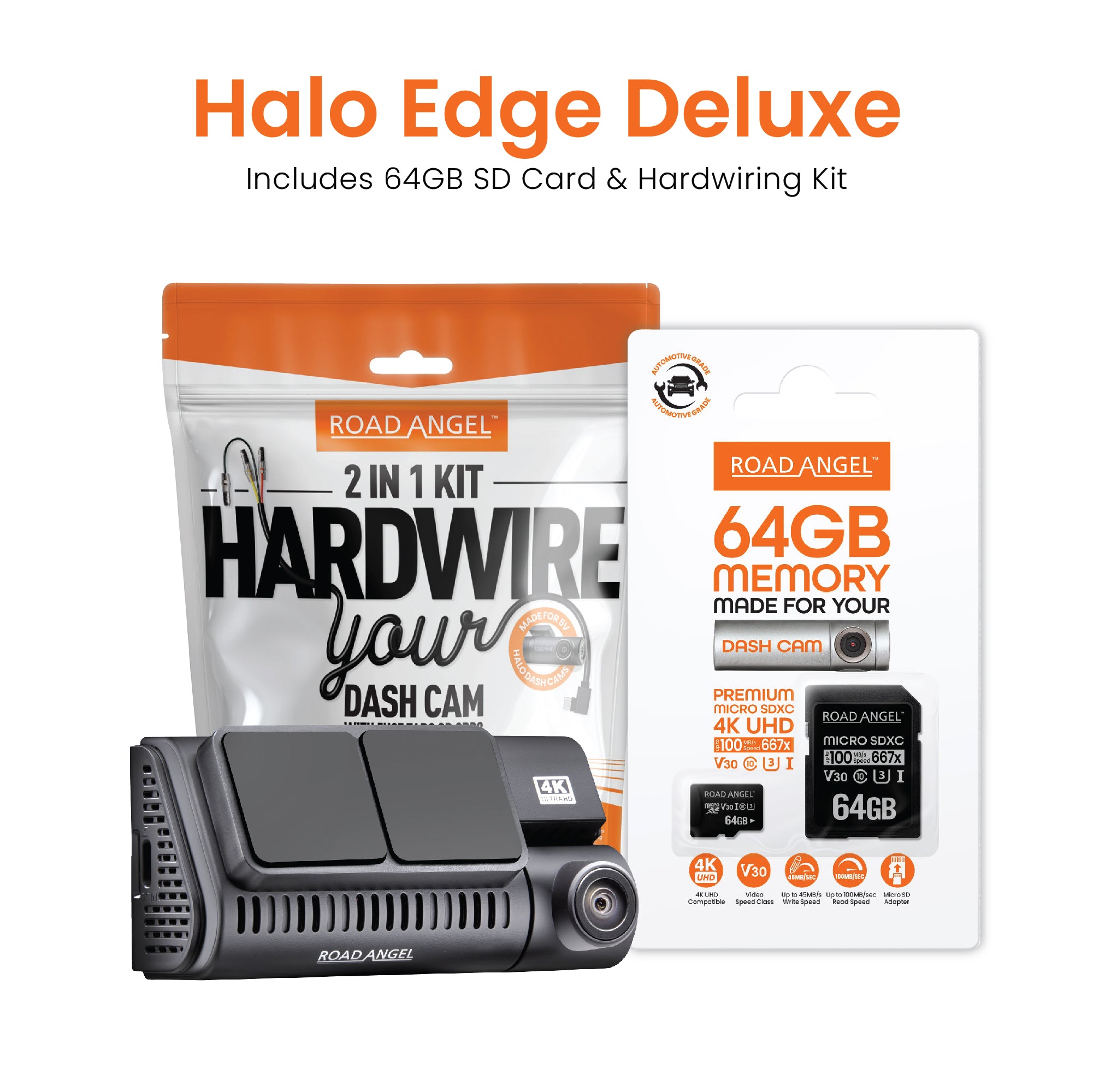 Halo Edge 4K Single Dash Cam Parking Mode & Quick Release Mounting SD Card & Hardwiring Kit Bundle