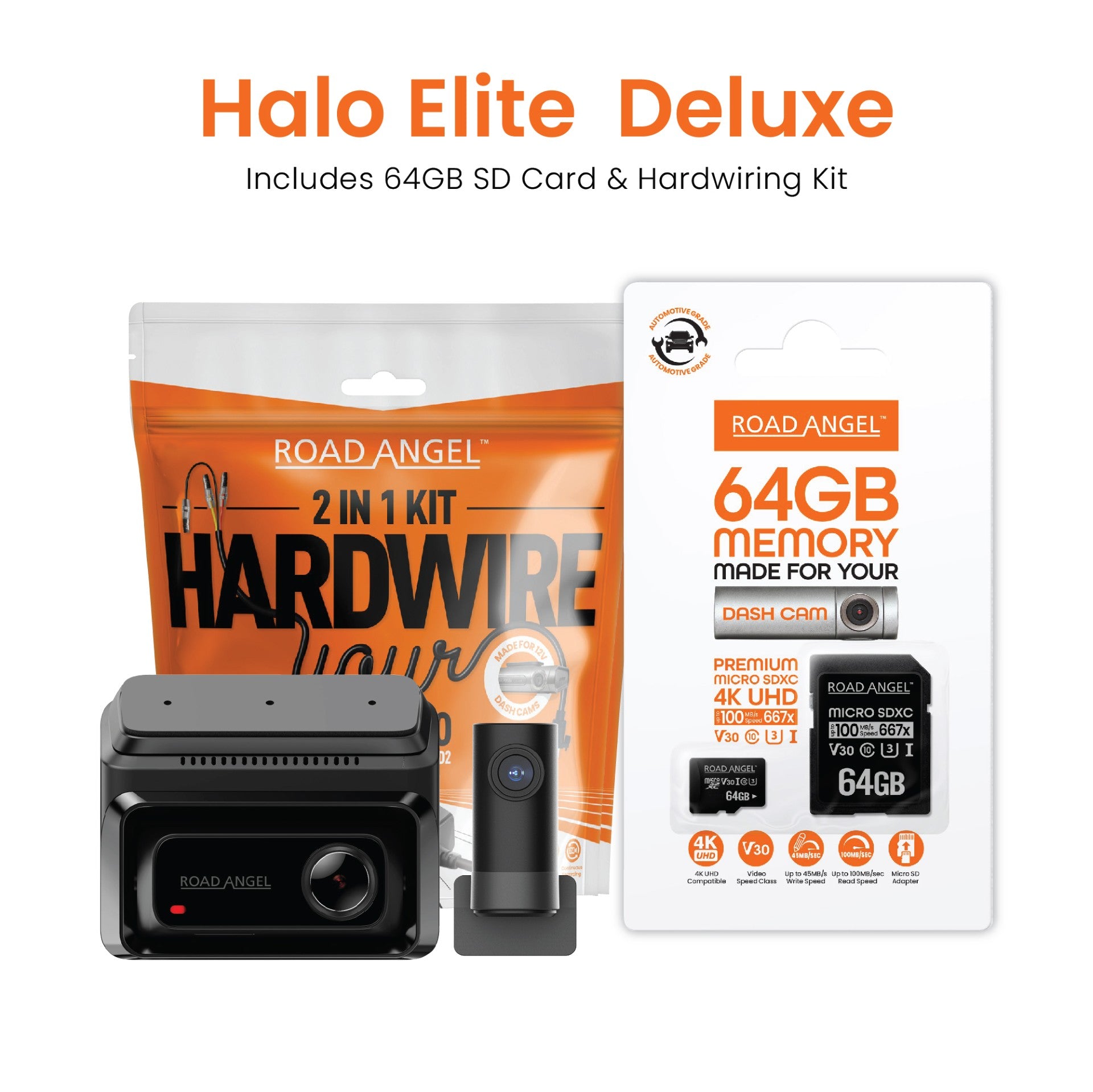 Halo Elite 4K & 1K Dual Dash Cam Sony Starvis 2 Enhanced Night Vision Video Technology SD Card & Hardwiring Kit Bundle