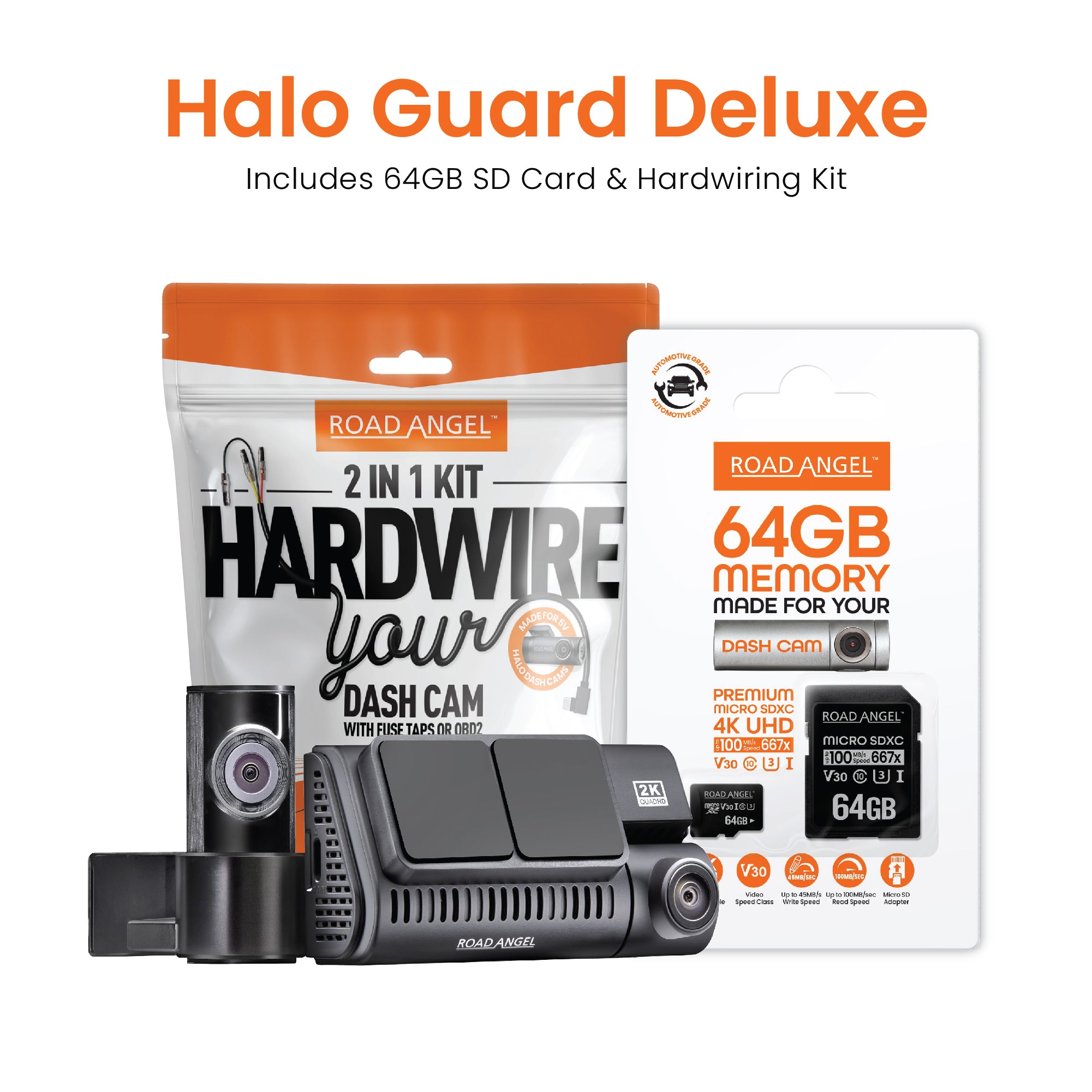Halo Guard 2K 1 channel Dash Cam Parking Mode & Quick Release mounting SD Card & Hardwiring Kit Bundle